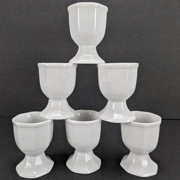Vintage White Ceramic Egg Cups Set of 6 Breakfast Dining 13 EI Sideways on Cup - Picture 5 of 7